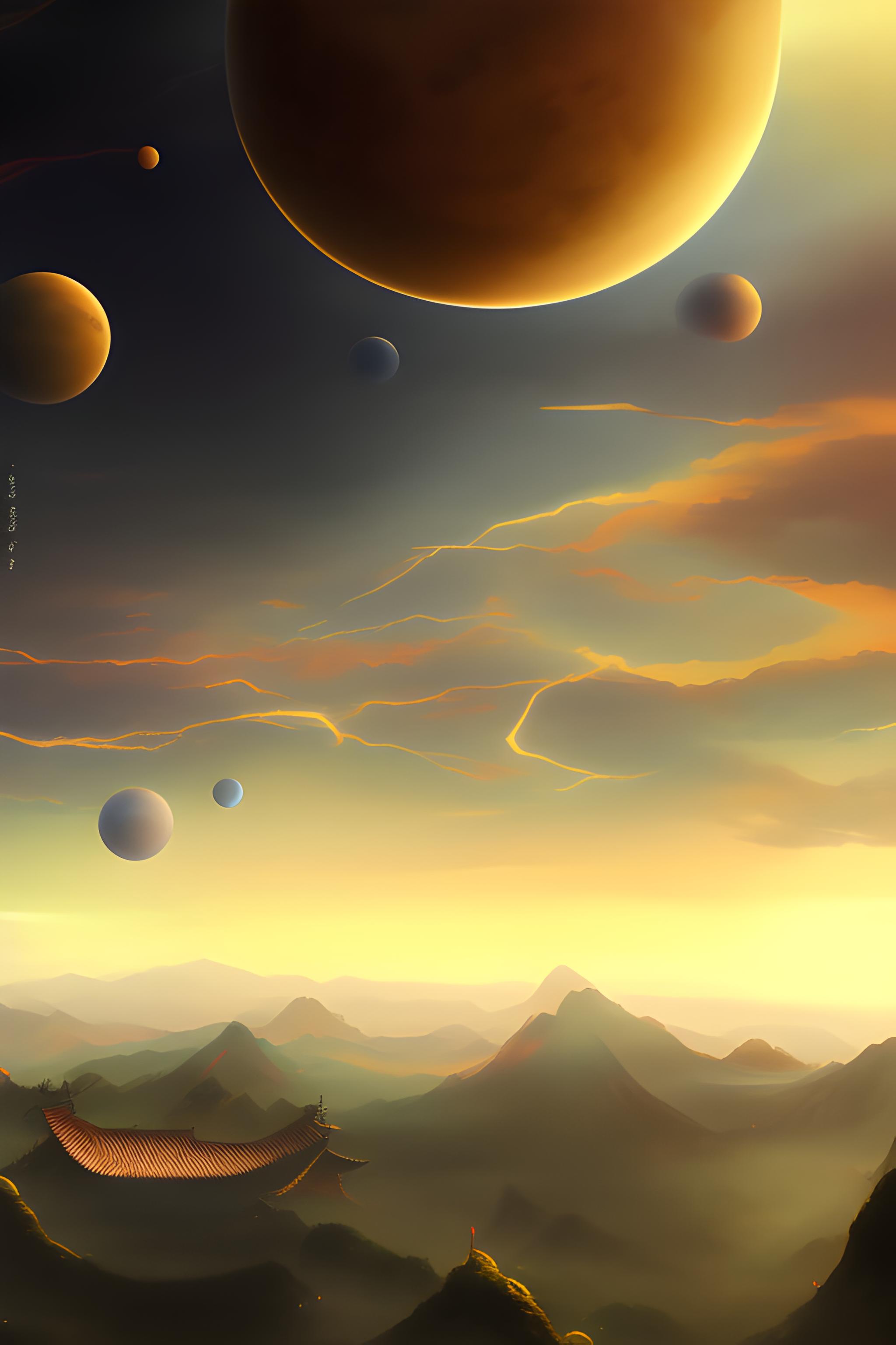 底色为纯黑，下方中间是太阳，八大行星图